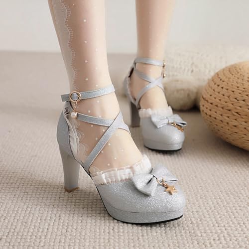 Women's Glitter Chunky High Heels Mary Jane Pumps Shoes Round Toe Platform Bow Lolita Party Dress Shoe3