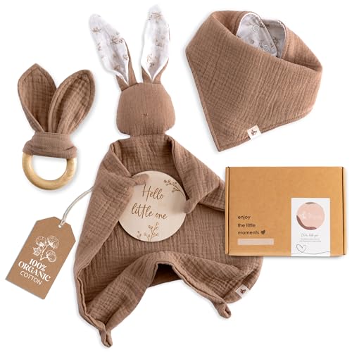 Mikito - Pack con 4 Regalos Para Bebes Recien Nacidos Originales - Doudou Bebe Muselina + Babero Bandana + Mordedor + Tarjeta - Ideal Como Pack Regalo/Canastilla Bebe