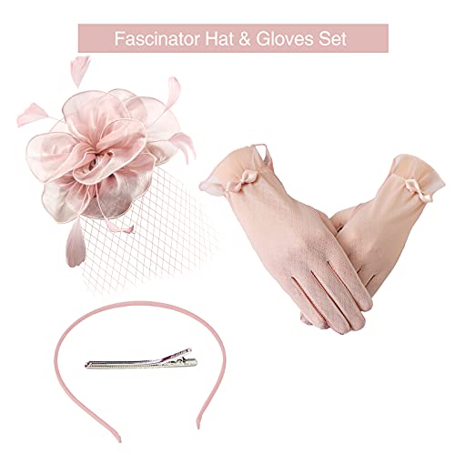 Ibeauti Fascinator Hats With Screentouch Lace Gloves Set For Women Tea Party Cocktail Wedding Derby Headwear Short Gloves (04 Pink) #TOP4
