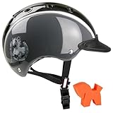 RL24 - Casco Kinder Reithelm Nori Hufeisen inkl. Putzschwamm – Mädchen & Jungen Reitkappe – Helm zum Reiten, Fahrrad- & Skifahren – Reiterhelm in Schwarz/Grau – Gr. S (52-56 cm)