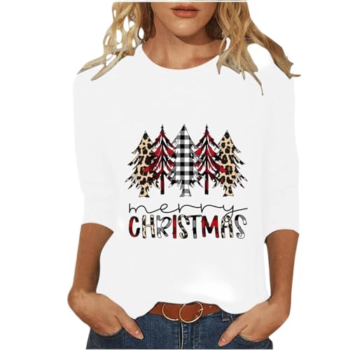 Image of Merry Christmas 3/4 Sleeve Tops for Women Cute Xmas Tree Tshirts Plus Size Crew Neck Blouse Soft Holiday Pullover Tees, White, 5XL