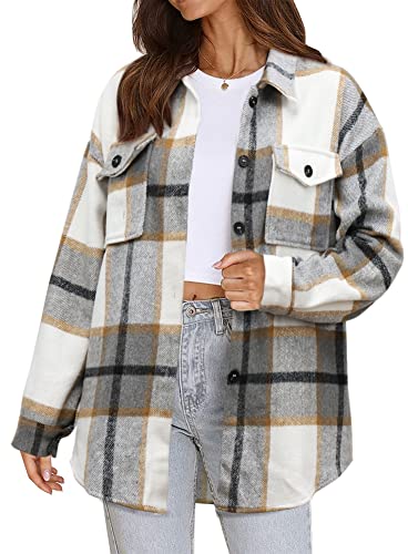 Womens Casual Plaid Shacket Flannel Button Down Long Sleeve Shirt Fall Jacket Shackets 6062 D-Brown Small