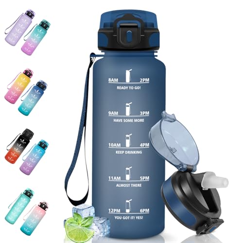 Motswedi Botella Agua, 1500ml Sin BPA, Botella Agua Gimnasio con Pajita, Reutilizable, a Prueba de Fugas, Cantimplora, para Gym, Escuela, Yoga, Camping, Azul Oscuro