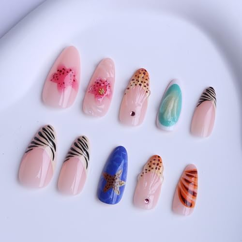 Image of French Tip Press on Nails with Starfish Flower Design Fake Nails Zebra Pattern Stick on Nail Glossy Full Cover Medium Almond False Nail for Women Manicure 24Pcs