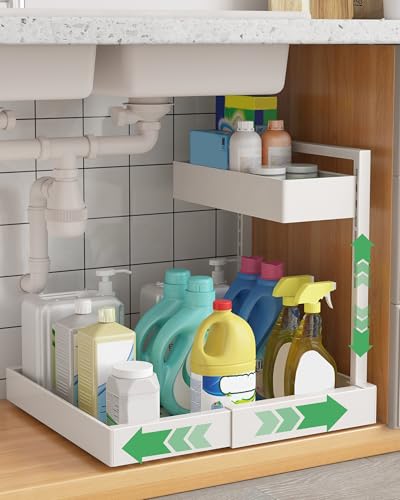 UMDONX Organizador de fregadero de cocina de 2 pisos, estante para debajo del lavabo, organizador de armario extensible, color blanco UMDONX Organizador de fregadero de cocina de 2 pisos, estante para debajo del lavabo, organizador de armario extensible, color blanco