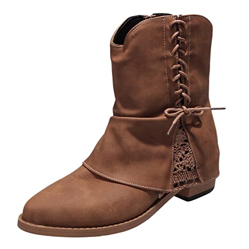 Image of DFSDJEUW cowboy boots for women Girls Cowboy Boots Wide Fit Ankle Booties Waterproof Side Zip/Pull on Short Boot Thermal Chunky Heel Mid-Calf Booties Lightweight Non wide calf for women Brown 6