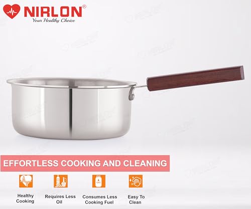Image of NIRLON Woody Triply Wooden Handle Stainless Steel Cookware Sauce Pan 16cm-1.6Ltr|Safe to Use|Uniform Heating|Metal Spatula Friendly(Induction and Gas Stove Friendly)