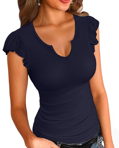 Image of VICHYIE Summer Women Ruffle Cap Sleeve Pretty Fitted Shirt | Ribbed Knit, Basic, Casual, Fashion Blouse, Solid Color