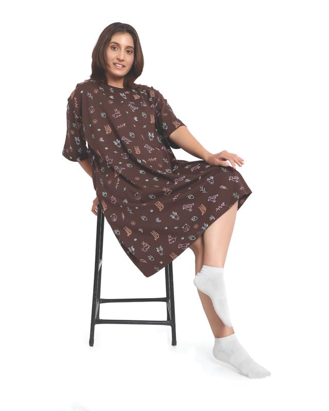 Image of LAMA STORE Women's Printed Oversized T-Shirt Dress, Cotton, 3 /4 Sleeve Length, Casual Loose Fit, Comfort Wear Extra Comfy Oversized Printed Pocket T-Shirt Dress