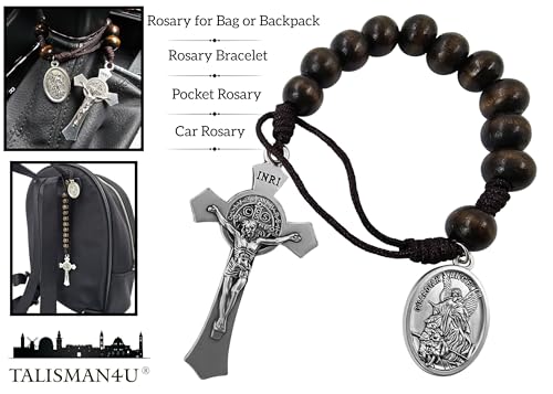 TALISMAN4U Rosário de bolso para medalha de São Bento, crucifixo de uma década, contas de madeira de