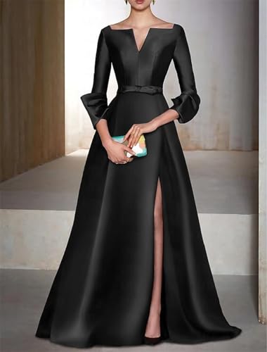 A Line Long Evening Gowns with Side Slit Satin V Neck Wedding Guest Dresses Long Sleeve Cocktail Party Dress4