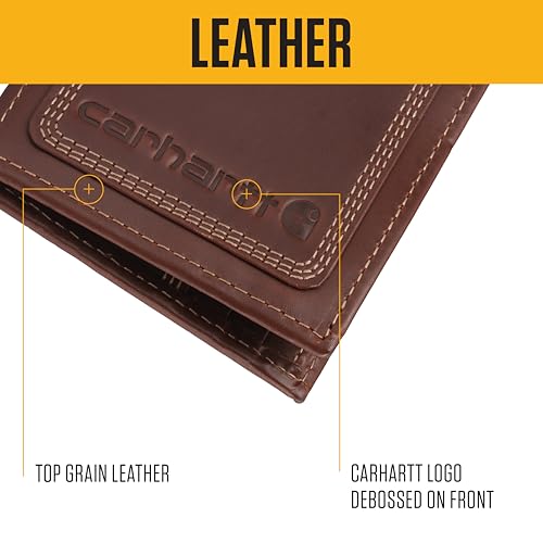 Image of Carhartt Men's Leather Triple Stitch Wallet, Durable Full-Grain Leather Bifold, Trifold & Rodeo Styles, Gifts for Men