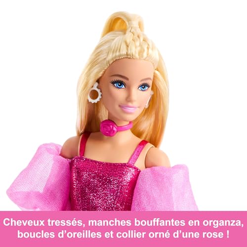 Barbie Poupée Barbie Deluxe Style n° 5 avec tenue rose métallisé, cheveux blonds, haut scintillant de type corset et pantalon brillant, sac à main et collier rose en guise d’accessoires