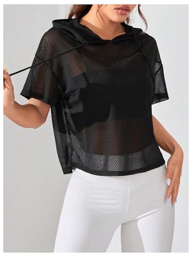 SweatyRocks Women's Short Sleeve Fishnet Hoodies Hollow Out Sports Workout Tops3