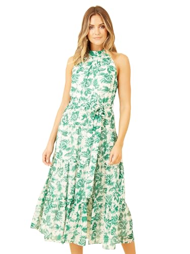 Image of Yumi Green Leaf Print Halter Neck Midi Dress 10 Green