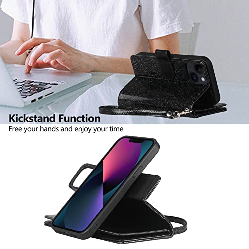 Varikke For Iphone 13 Case Wallet, Iphone 13 Case For Women With Card Holder & Magnetic Detachable Cover & Kickstand Strap Lanyard Glitter Pu Leather Flip Wallet Phone Case For Iphone 13 6.1", Black #TOP3