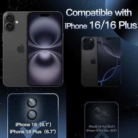 Image of for iphone 16 /16 Plus camera lens protector Tempered Glass Aluminum Alloy Ring with Camera Cover (Black)