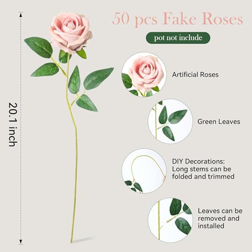 Image of 50 PCS Blush Roses Artificial Flowers, Real Looking Fake Roses with Long Stems Silk Flowers for DIY Wedding Bouquet Party Celebration Home Bridal Shower Decoration Valentine's Day Gift for Her Wife
