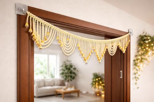 Image of Pearl Beaded Door Toran for Home Decoration | Handmade Moti Bandhanwar with Golden Drops | Wall & Mandir Hanging for Festive Decor, Diwali, Pooja, Wedding (1 Piece)