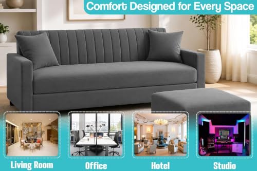 Image of Los Angeles Modern 3 Seater Wooden Sofa Set with Ottoman, Soft Velvet Upholstery, Comfortable Couch for Living Room, Office - Grey Color