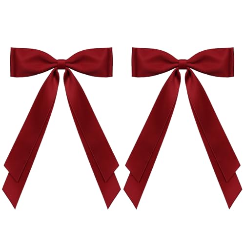 Wine Red Long Tail Hair Bows Alligator Clip 2pc 5.5 Satin Polyester Ribbon Ponytail Holder Barrettes for Women Girls Wedding Valentines Xmas Party Dress Decor Accessory Gift