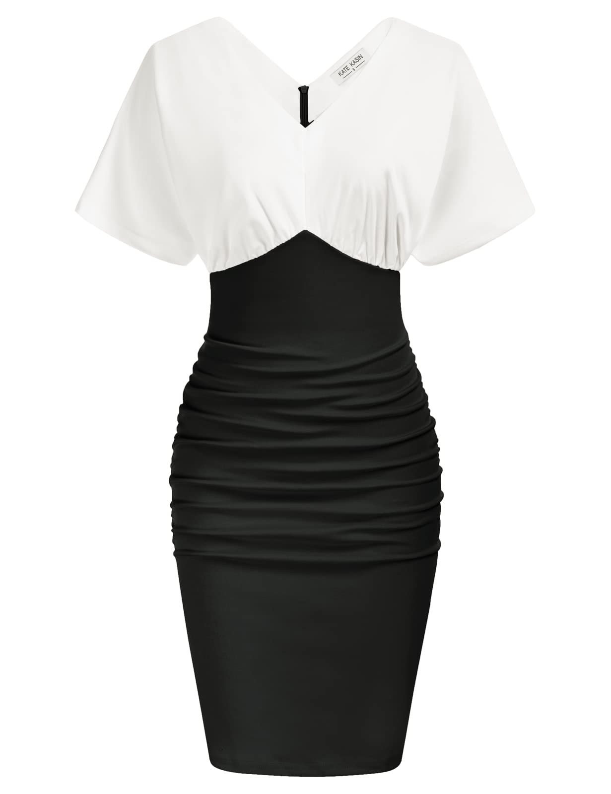 Women Batwing Short Sleeves Ruched Pencil Dress Elegant V Neck Bodycon Cocktail Dresses Knee Length