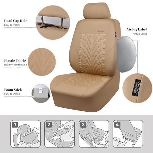 Image of CAR PASS Car Seat Covers Full Sets, Front & Split Rear Bench for Car, 3D Tyre Embossed Automotive Interior Covers, Airbag Compatible, Quick Setup Universal Fit Seat Covers for Car, SUV(All Beige)