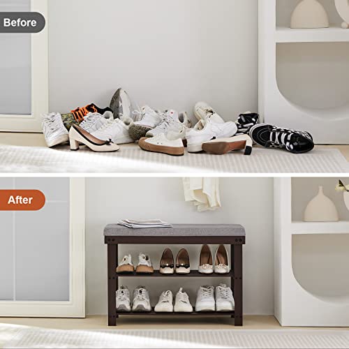 Apicizon 3-Tier Shoe Rack For Entryway, Bamboo Shoe Bench With Cushion Padded Seat, Small Shoe Organizer With Storage For Indoor Entrance Hallway Bedroom Living Room, Brown #TOP4