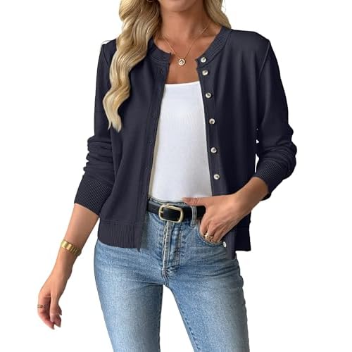 Bsubseach Lightweight Cardigan Sweaters for Women Open Front Button Down Knit Cardigans Sweater Top Fall Clothes Navy Small