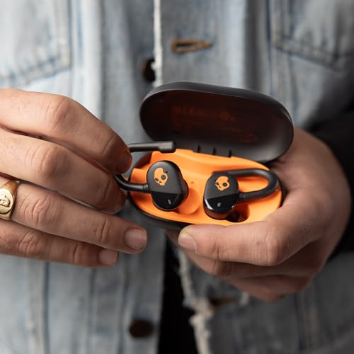 Écouteurs Intra-Auriculaires sans Fil Push Play Active de Skullcandy, Autonomie 34 h, Mode Stay-Aware, Micro, Fonctionnent avec Appareils iPhone, Android et Bluetooth - True Black/Orange