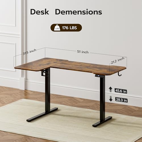 Image of Acrolix L Shaped Electric Standing Desk - 51x31.5 Inch Reversible Corner Sit Stand Desk with Hook&Cup Holder,Electric Height Adjustable Table,for Small Home Office&Bedroom Computer Desk, Rustic Brown
