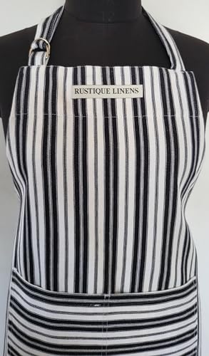 Image of Kitchen Apron - 100% Cotton, Adjustable Neck strap, Large Pocket - Unisex Apron for Men & Women - Cooking, Baking, BBQ, Gardening - Solid Colours, Striped and Checkered Patterns