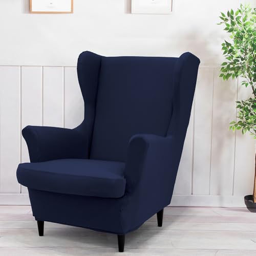 Highdi Wingback Chair Covers 2 Piece Stretch Wing Chair Cover Solid Color Sofa Cover Armchair Slipcover Washable Non Slip Furniture Protector for Living Room Bedroom Hotel (Navy Blue)