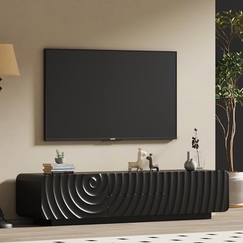 Image of TV Stand, TV Console, 70 Inch Black Entertainment Center, Spiral Wave Cabinet, Ripple Front Media Console with 2 Drawers for 60 to 69 Inch TVs, Living Room Bedroom