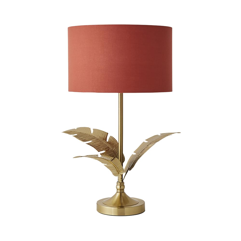 ValueLights Christina Fabric Drum Shade Gold Palm Leaf Detail Stem Table Lamp with LED Bulb in Burnt Orange