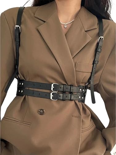 SPIRCTERR Punk Women Faux Leather Harness Belt Adjustable Goth Black Harness Top Fashion Chest Body Waist Belt for Dresses Festival Rave Cosplay Outfit(Waist 36.2-45.3in)