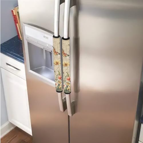 Image of Fridge Oven Door Handle Covers Pack of 6 Protective Kitchen Appliance Decor Handles Universal for Microwave, Kitchen Cabinet, Dish Washer, Floral Butterfly Letter Print Retro