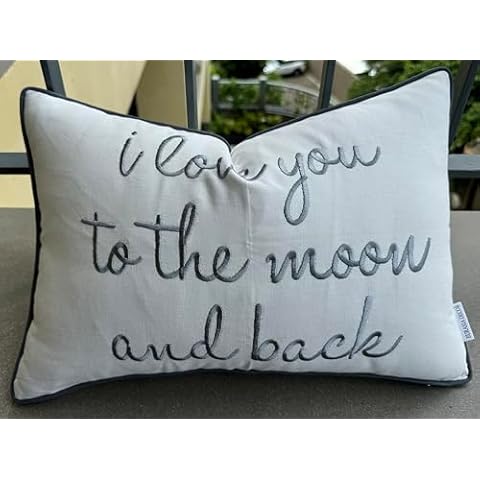 MANOJAVAYA Embroidered Love You to The Moon Couple Sentiment Decorative Lumbar Accent Throw Pillow Cover - Romantic Decor for Bedroom, Sofa, Chair, Patio, Car, Bench, Porch - 12x18 Inches, Ivory Cover