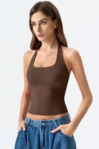Image of QINSEN Womens Halter Top Double Lined Tank Top Sleeveless Open Back Slim fit Going Out Tops