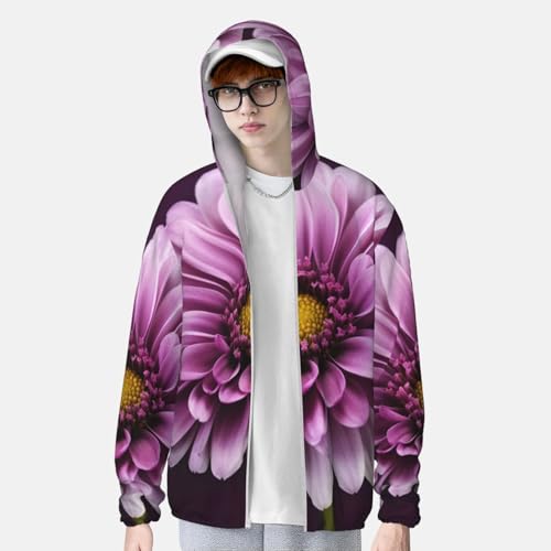 Camiseta masculina com estampa de crisântemo roxo FPS 50+ com capuz e proteção solar de manga compri