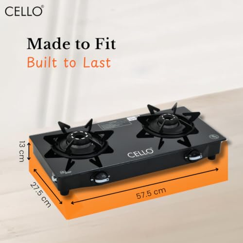 Image of Cello Dezire Plus 2 Burner Gas Stove | 6mm Toughened Glass | Manual Ignition | ISI Certified | Rapid Alloy Burnes | 1 Year Warranty | Hexa Pan Supports