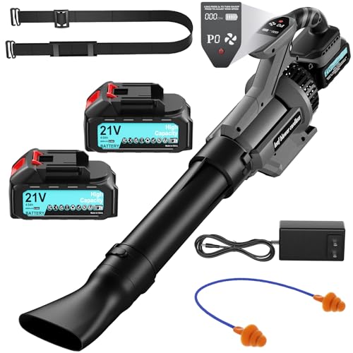 Laubbläser Akku 8000 mAh mit Ladegerät,240 km/h,28000RPM,930 m³/h Elektrischer Laubbläser mit 3-Gang & 2x4.0Ah Akkus,LCD Anzeige, für Garten, Laub,Staub & Schnee