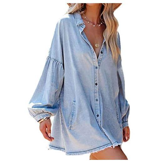 loveimgs Women's Oversized Distressed Denim Button Down Tunic Shirt Dress with Pockets (X-Large,Light Blue)
