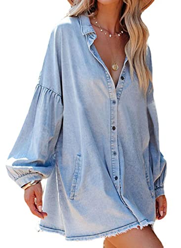 loveimgs Women Oversized Distressed Denim Button Down Shirt Tunic Dress Flowy Mini Jean Dress with Pockets