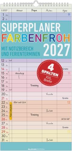 Superplaner Farbenfroh - 4 Spalten 2027: bunter Familienkalender 22x45 cm mit 4 Spalten Schulferien Feiertagen & Notizfeld ideal für Familienorganisation