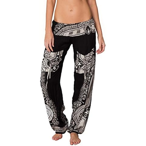 INGEAR Smocked Boho Harem Pants for Women - Hippie Bohemian Casual Gypsy Print, Ideal Yoga Pant - Baggy Harem Pants(Large, Black) Cover
