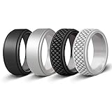 Silicone Wedding Ring for Men, Gym Sports Leisure Work, Crosshatch & Mid-Raised, Rubber Wedding Rings, 4 Pack