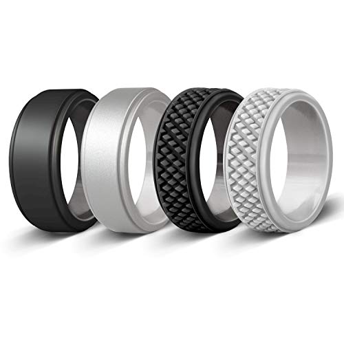 Silicone Wedding Ring for Men, Gym Sports Leisure Work, Crosshatch & Mid-Raised, Rubber Wedding Rings, 4 Pack