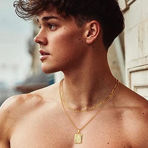 Gold Layered Initial Necklaces For Men Women, 18K Gold Plated Letter Pendant Stainless Steel Necklace For Men Boy Letter A Initial Necklaces For Men Boy Women Girls Jewelry Gifts For Men Boyfriend #TOP3
