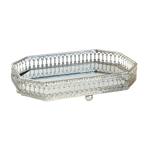 JISADER Bandeja Decorativa con Espejo Elegante, Bandeja de Espejo, Bandeja de Maquillaje, Bandeja Decorativa Adornada para tocador, encimera, hogar, Rectángulo S